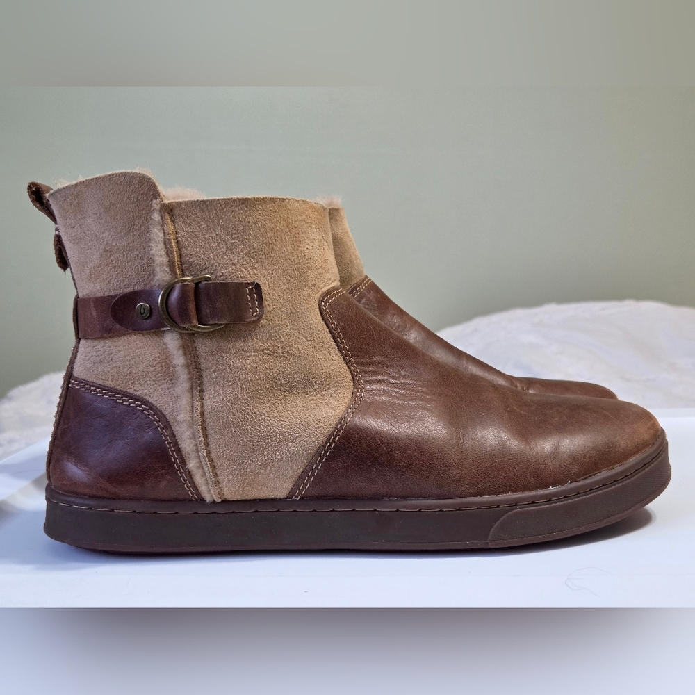 NEW Olukai Tan/Brown Suede Wool Shearling Ankle Boots Sz 11 Boho Cottagecore